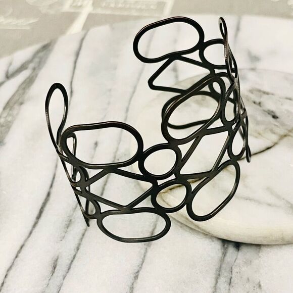 Abstract Metal Cuff Bracelet Black Gunmetal Openwork Design Wide Bangle - Picture 1 of 5